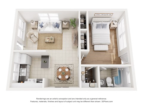 A 3D floor plan of a small apartment with a bedroom, living room, kitchen, and bathroom.